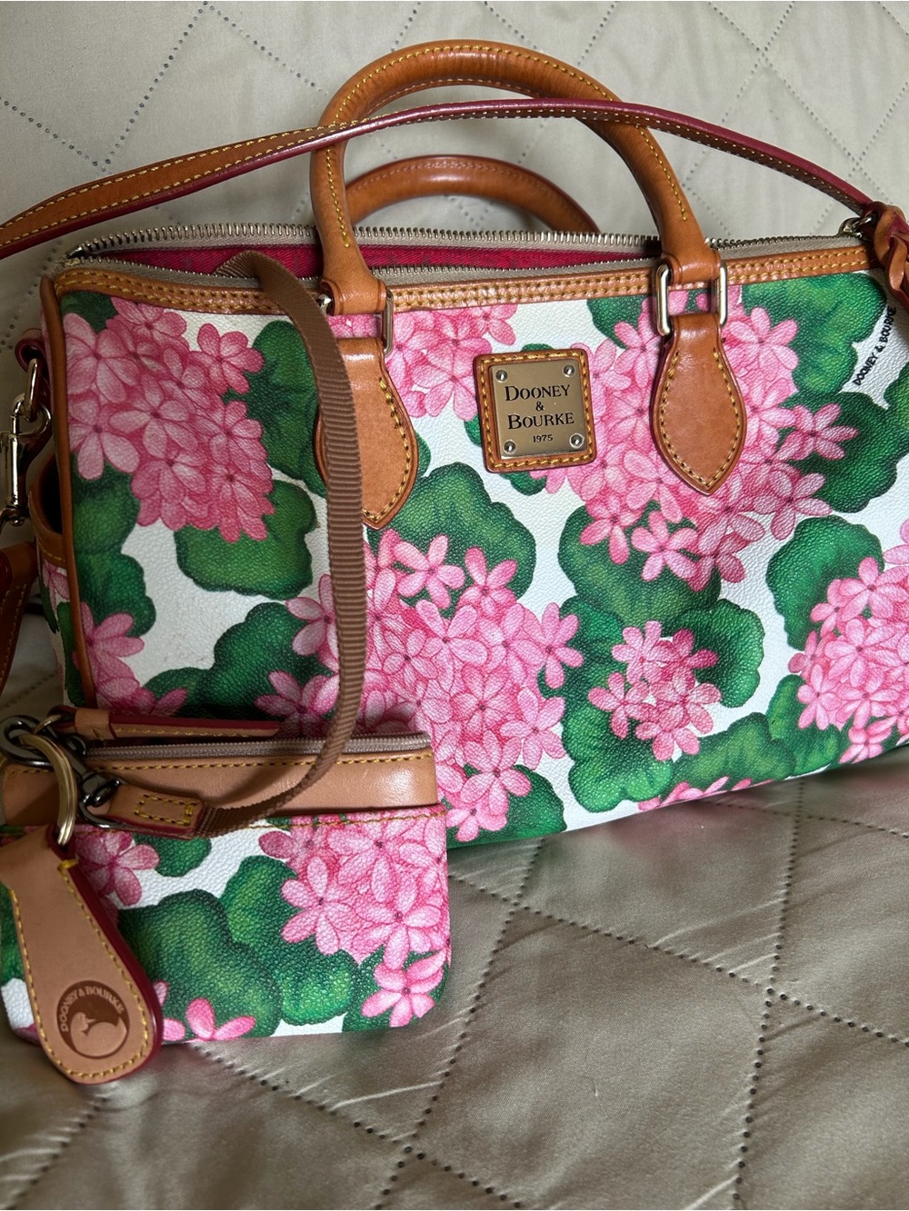 Dooney & Bourke Pink Floral Satchel with Tan Leather Trim